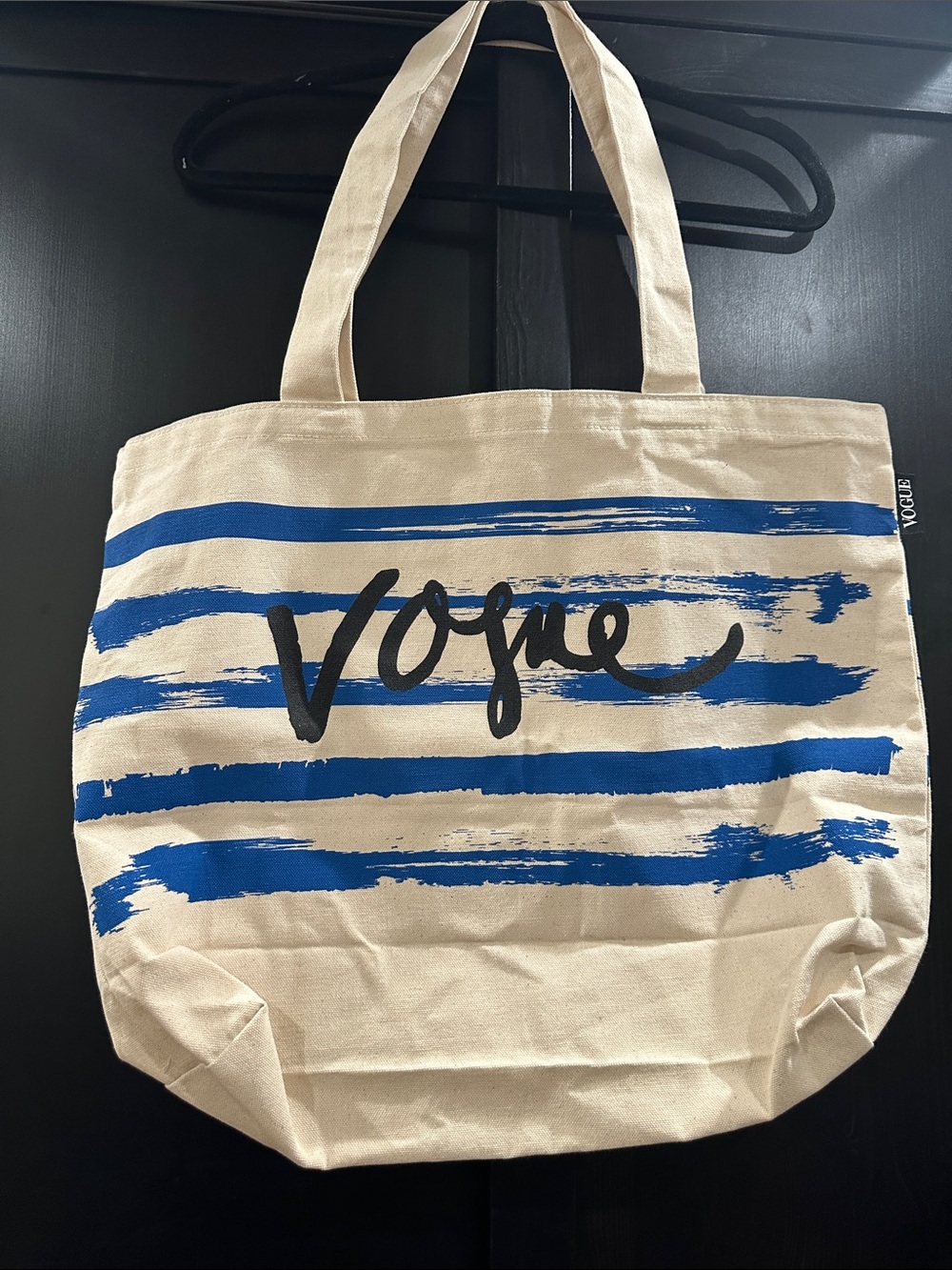 Vogue Natural Canvas Tote with Blue Stripes and Black Logo